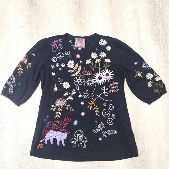 Johnny Was Tops - Johnny Was Soho Puff Long Flower Shirt Embroidery Floral Tee Black Top XS